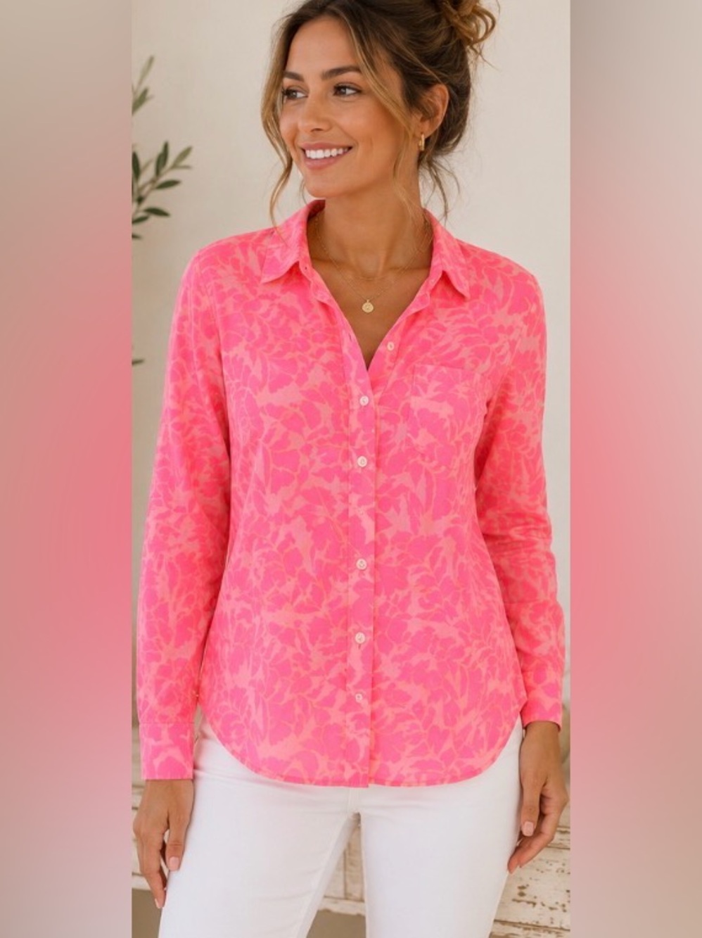 J.Crew Boy Shirt Size 00 Neon Pink Floral  Blouse Lightweight Long Sleeve NWT